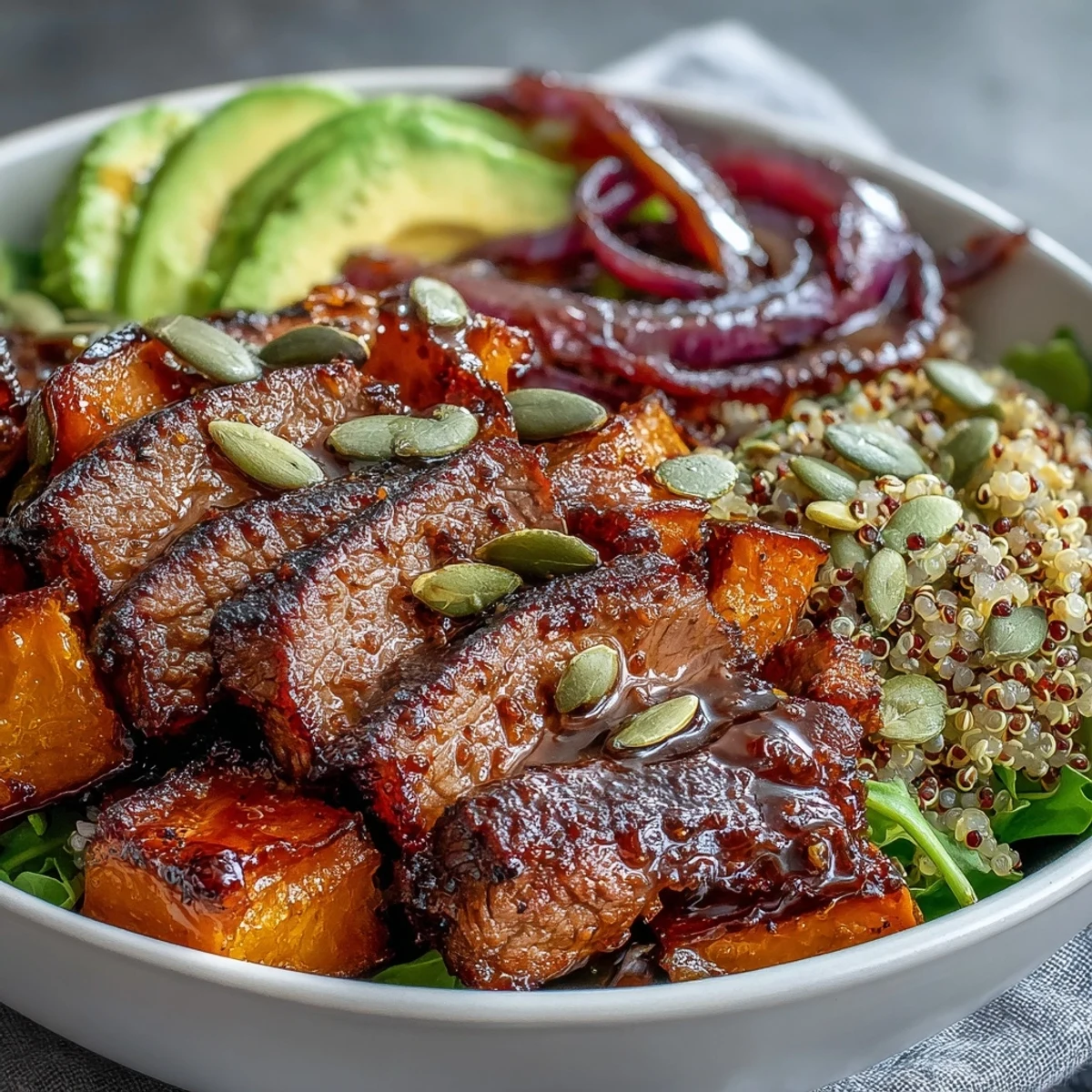 Sizzling sliced steak over quinoa and roasted squash is finished with a bright lime cilantro dressing.