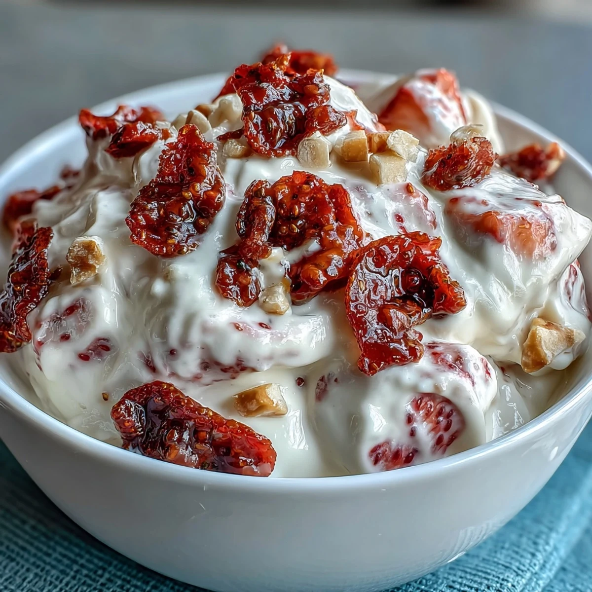 Hand holding a single Strawberry & Banana Yogurt Cluster, ready to enjoy as a frozen snack.