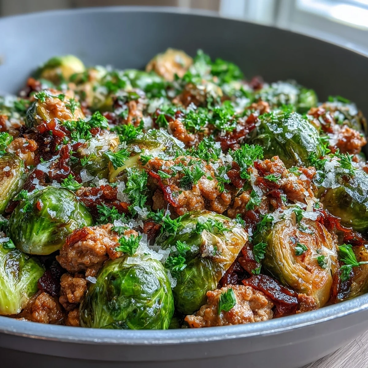 Bright lemon juice and paprika season the one-pan Brussels sprouts and ground turkey skillet, served warm.