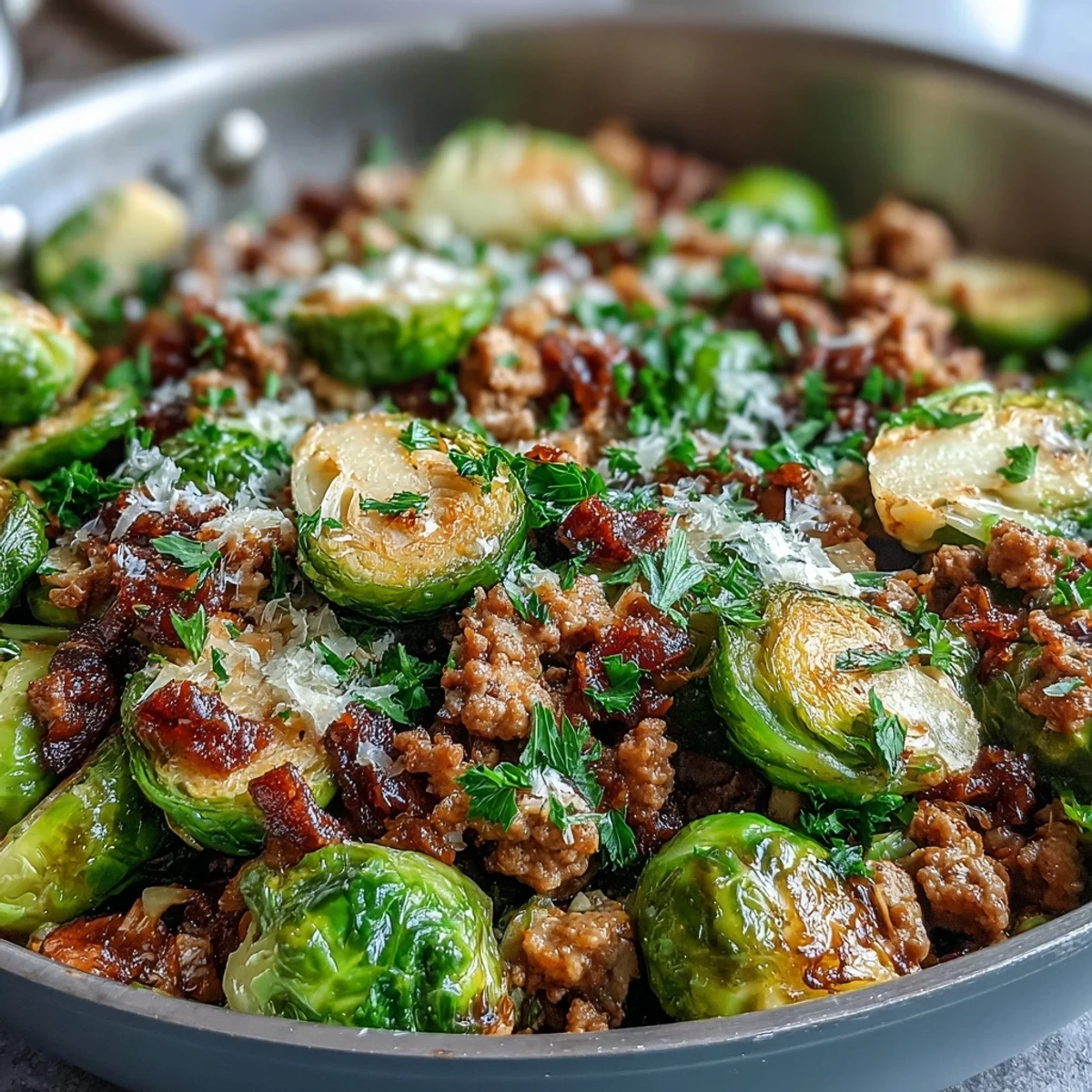 Golden brown Brussels sprouts and savory ground turkey sizzle in a skillet, garnished with fresh parsley and Parmesan.