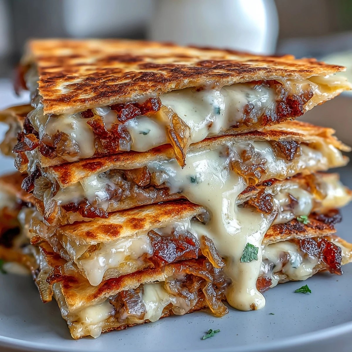 A close-up of Cheesy Griddled Smashburger Quesadillas showing juicy beef patties and sweet onions tucked inside a melted cheese crust.