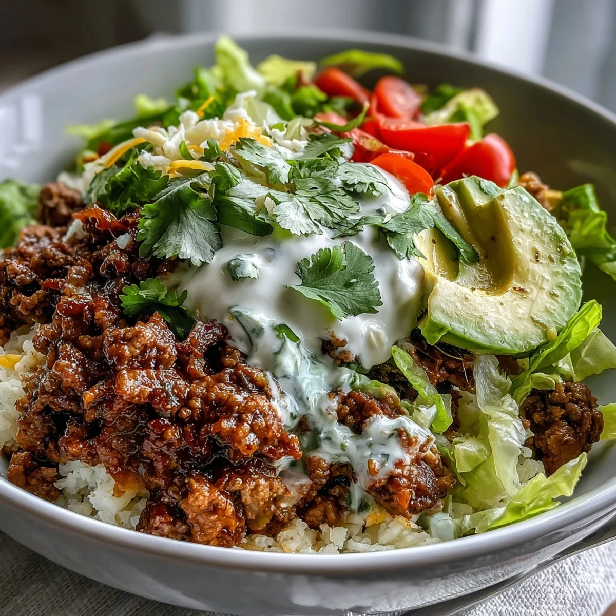 Seasoned ground beef, cauliflower rice, and fresh toppings fill this Low Carb Burrito Bowl.