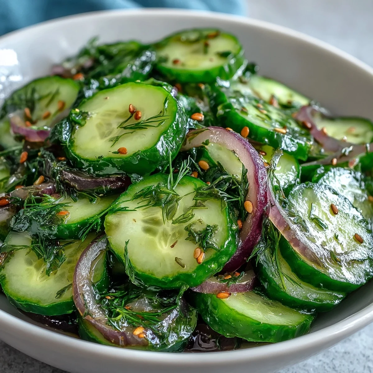 A crisp bowl of Refreshing Crunchy Cucumber Salad with red onions and tangy vinegar dressing, ready to eat.