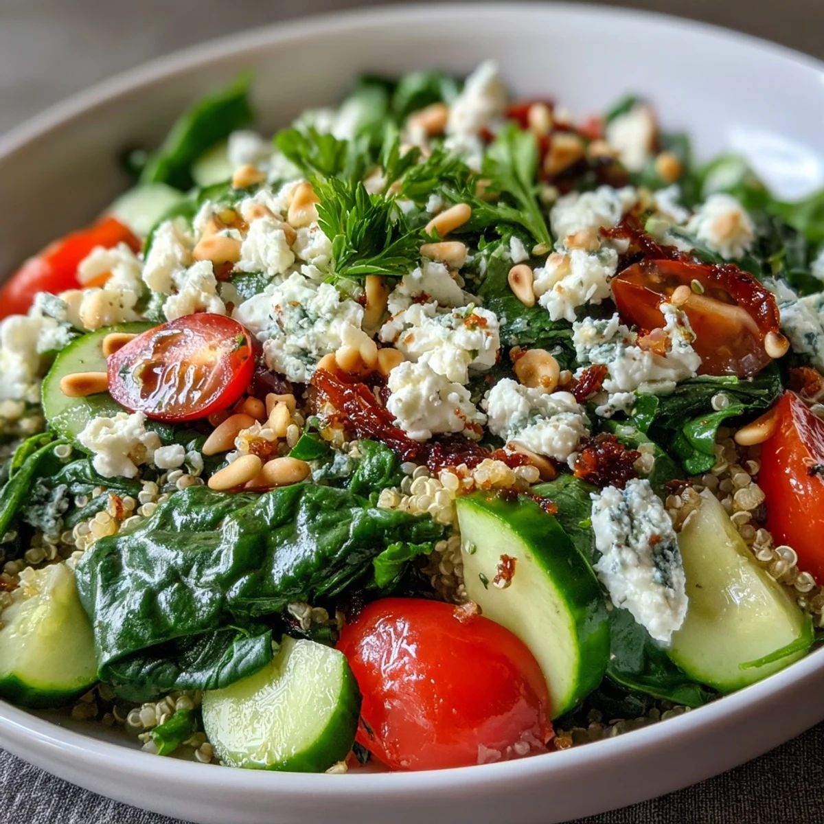 A colorful Mediterranean Spinach and Feta Grain Bowl with red bell peppers and toasted pine nuts on a rustic table.