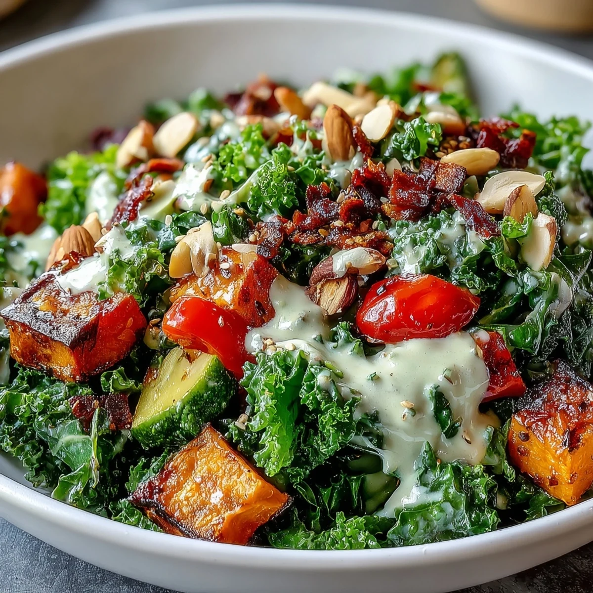 Massaged kale and creamy tahini dressing bring texture to a hearty Kale Salad Bowl ready for lunch or dinner.