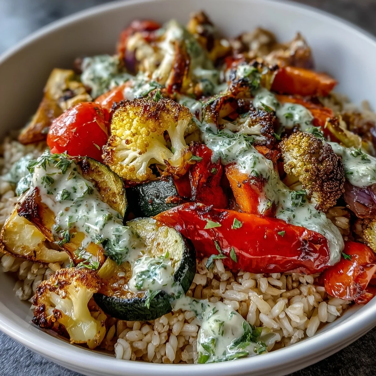 Rainbow Roasted Vegetable Bowl garnished with fresh herbs and a vibrant green sauce on a bed of fluffy brown rice.