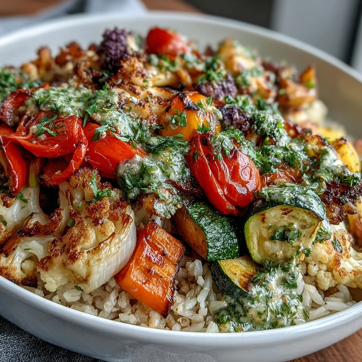 Close-up of a Rainbow Roasted Vegetable Bowl with caramelized zucchini and red bell pepper, ready for a healthy weeknight dinner.
