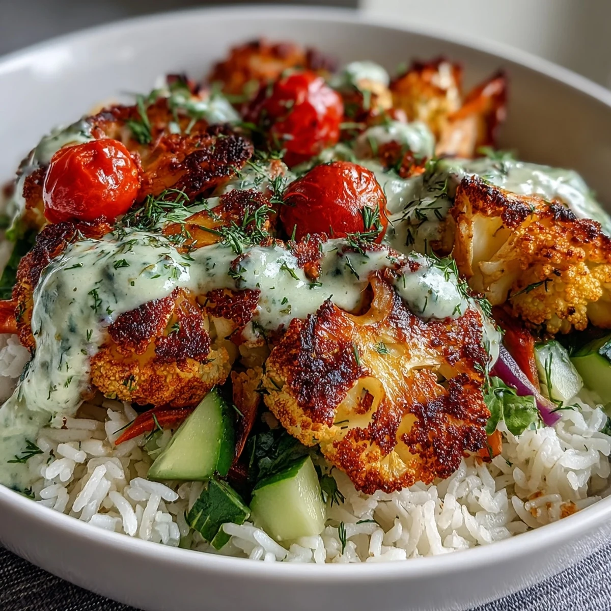 A vibrant Roasted Cauliflower Bowl features golden-brown florets nestled in rice, topped with shredded carrots, spinach, and red onion, finished with creamy tahini sauce.