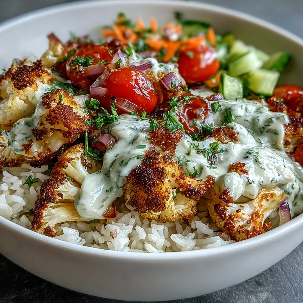 Ready for dinner, a hearty Roasted Cauliflower Bowl serves roasted veggies and fresh greens over warm rice, drizzled with lemony tahini for a tangy finish.