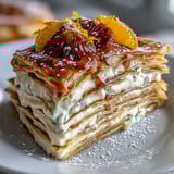 A freshly sliced piece of Blood Orange Curd Crêpe cake shows creamy whipped cream and tangy curd between delicate layers.