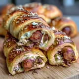 Bite-sized hot dogs wrapped in flaky crescent roll dough, baked golden and served with mustard and ketchup.