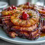 2. A golden ham glazed with honey and brown sugar, studded with pineapple and maraschino cherries.  