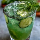 Bright Sparkling Cucumber Mint Lemonade Mocktail with fresh mint and lemon slices on ice.