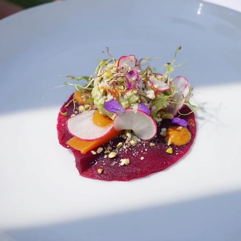 A vibrant photo of The Modernist Stripe, showcasing layered vegetable purées ready to eat.