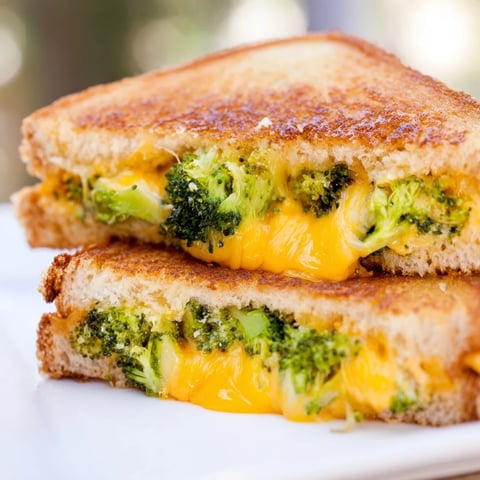 Golden toasted sourdough sandwich stuffed with roasted broccoli florets and melted sharp cheddar cheese.