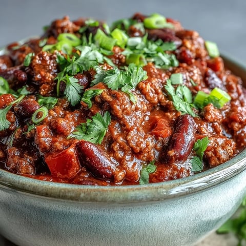 Steaming Slow Cooker Chili with ground beef, beans, and tomatoes in a black bowl, topped with cheese and cilantro.