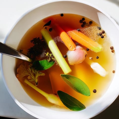 A simmering pot of homemade Vegetable Broth From Scraps, with vibrant carrot peels and onion skins visible in golden liquid.  
