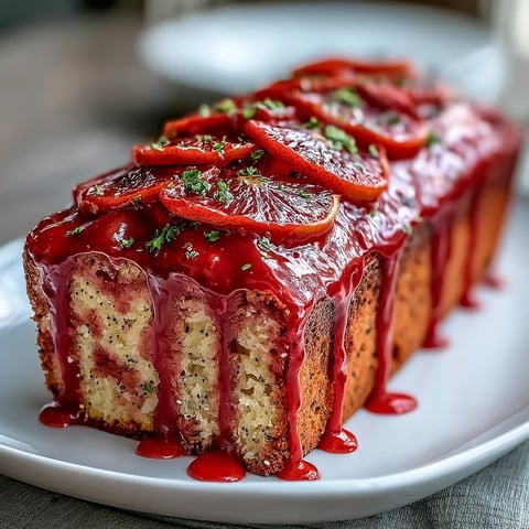 A slice of Blood Orange Loaf Cake with Poppy Seeds and Marzipan shows a moist crumb with ruby glaze, ready to serve with tea.