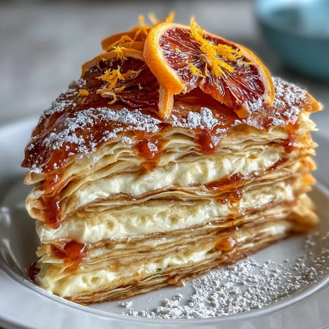 Slices of Blood Orange Curd Crêpe cake reveal layers of golden crêpes and vibrant orange filling, garnished with fresh fruit.