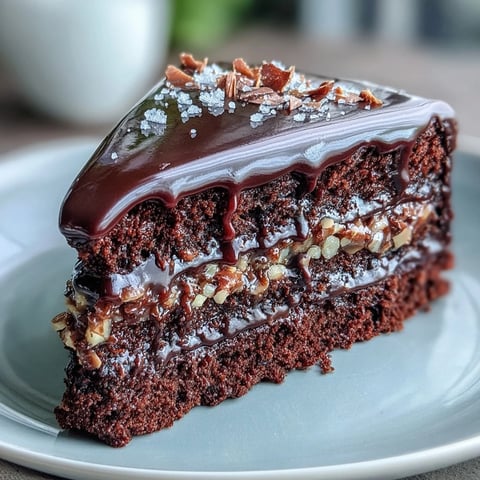 Rich, dark chocolate ganache spreads across layered slices of moist olive oil Chocolate Celebration Cake, with crunchy hazelnut praline topping each slice.