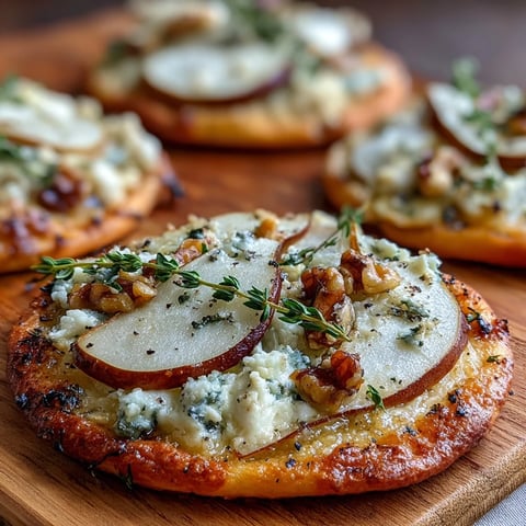 Freshly baked mini pizzettes topped with juicy pear slices, crumbled Gorgonzola, and tangy pickled walnuts on a golden crust.