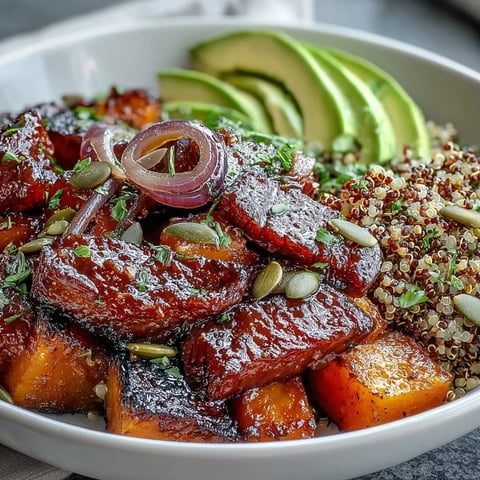 Golden roasted butternut squash steak bowls feature fluffy quinoa, smoky seared steak, and creamy avocado slices.