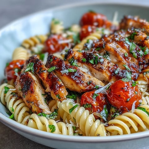 Freshly seared chicken and juicy cherry tomatoes mingle with penne pasta, tossed in a vibrant bruschetta-inspired sauce with mozzarella.