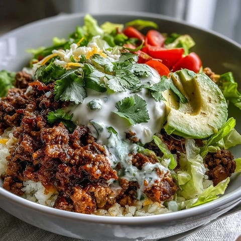 Seasoned ground beef, cauliflower rice, and fresh toppings fill this Low Carb Burrito Bowl.