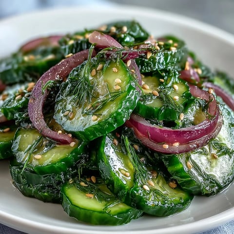 Chilled Refreshing Crunchy Cucumber Salad garnished with fresh dill and sesame seeds, served in a white ceramic bowl.