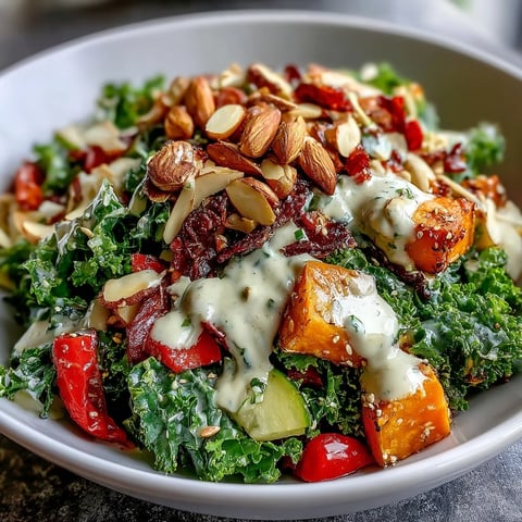 Freshly roasted sweet potato and red pepper add warmth to a vibrant Kale Salad Bowl topped with crunchy almonds.