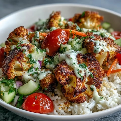 Golden herb-roasted cauliflower, tender and caramelized, piles onto fluffy basmati rice alongside crisp cucumbers and bright cherry tomatoes for a nourishing Roasted Cauliflower Bowl.