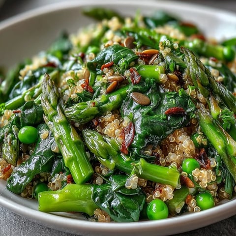 Spring Green Bowl with bright peas, crisp asparagus, and blanched green beans served over fluffy quinoa.