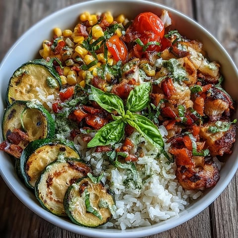 A vibrant Summer Vegetable Bowl with sautéed zucchini, red and yellow bell peppers, and sweet corn over fluffy white rice, garnished with fresh torn basil leaves.