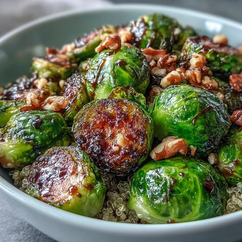 Golden caramelized Brussels sprouts and red onions on fluffy quinoa in a roasted Brussels sprouts bowl.