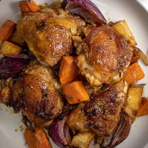 A vibrant Honey-Glazed Chicken with Roasted Root Vegetables resting in a rustic pan.