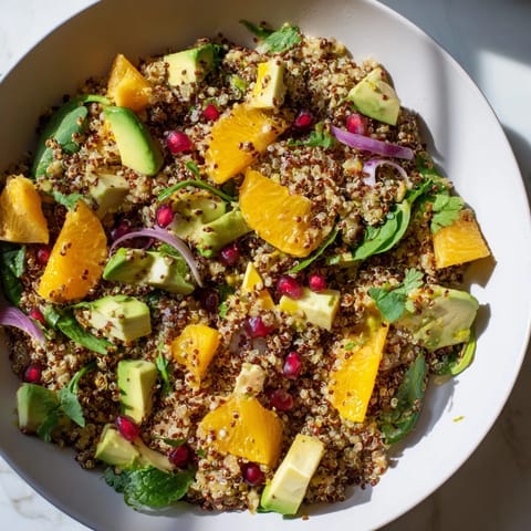 Vibrant Fresh Citrus & Avocado Quinoa Bowl, full of textures and bright colors, enticing for a fresh, healthy meal.