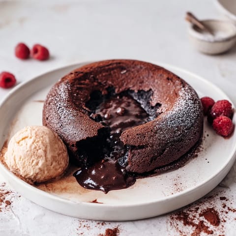 A close-up of a dark chocolate lava cake, dusted with powdered sugar, served with ice cream.
