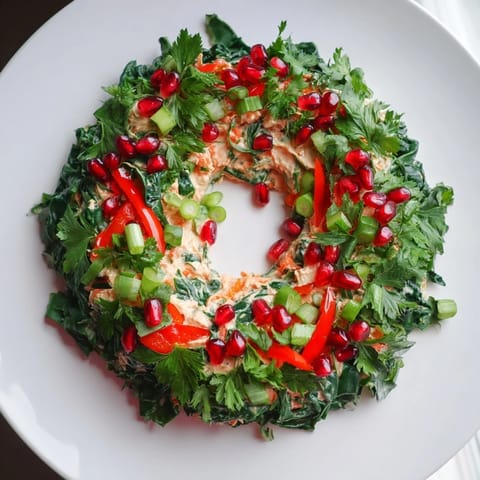 A vibrant close-up of the Red Pepper and Spinach Dip Wreath with fresh parsley and pomegranate garnish.