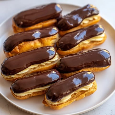 These sweet bites: mini chocolate éclairs are perfectly glazed and ready to enjoy as a dessert.