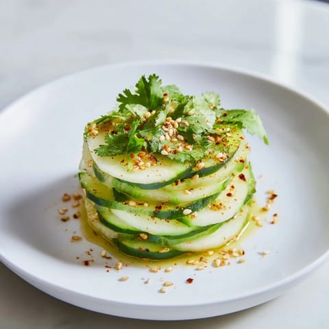 Cool, crunchy Jicama and Cucumber Slice Stack with chili-lime flavors, perfect for a refreshing vegan appetizer.