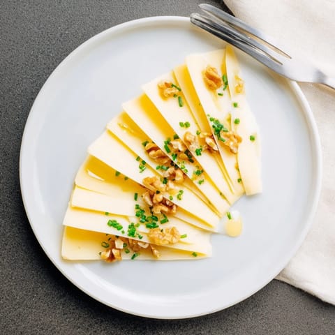 Fan of Swiss cheese slices, artfully arranged and ready to be served as a tasty appetizer.