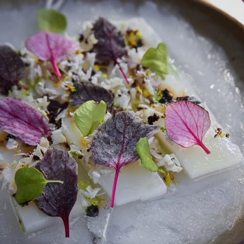 The Tundra Trek appetizer, a refreshing vegetarian dish arranged beautifully with crisp textures.
