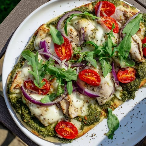 Golden-crusted pesto chicken flatbread featuring juicy tomatoes and delicious melted mozzarella.