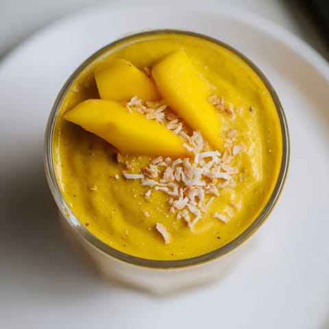 Bright yellow Mango Turmeric Smoothie, garnished with mango slices, perfect for a sunny day.