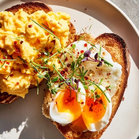 A close-up shows the delightful textures of each egg on this fully loaded Egg Flight Toast breakfast.