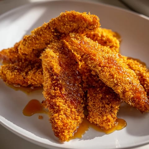 A close-up of crunchy panko chicken tenders, with visible spices and a sweet-spicy hot honey glaze.