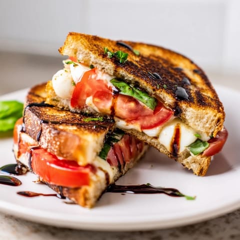 Warm, gooey Caprese Salad Grilled Cheese with juicy tomato slices and balsamic glaze, ready to be sliced.