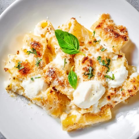 A comforting, creamy close-up of Four Cheese Baked Pasta featuring melted cheeses and flavorful sauce.