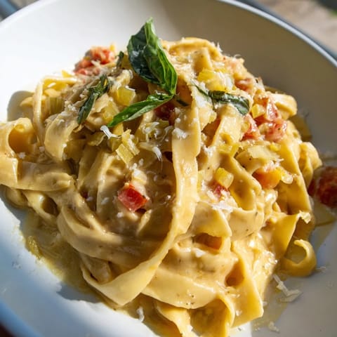 Close-up of Roasted Garlic Pasta Sauce, highlighting the silky texture and caramelized garlic cloves clinging to fettuccine strands.  