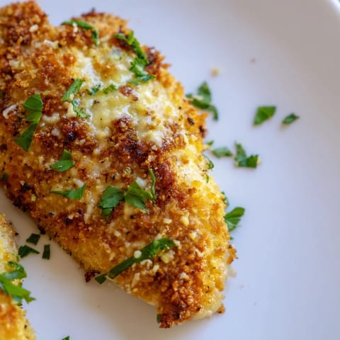 A close-up of juicy, baked Roasted Garlic Parmesan Chicken served with a side of steaming roasted vegetables for a complete dinner.
